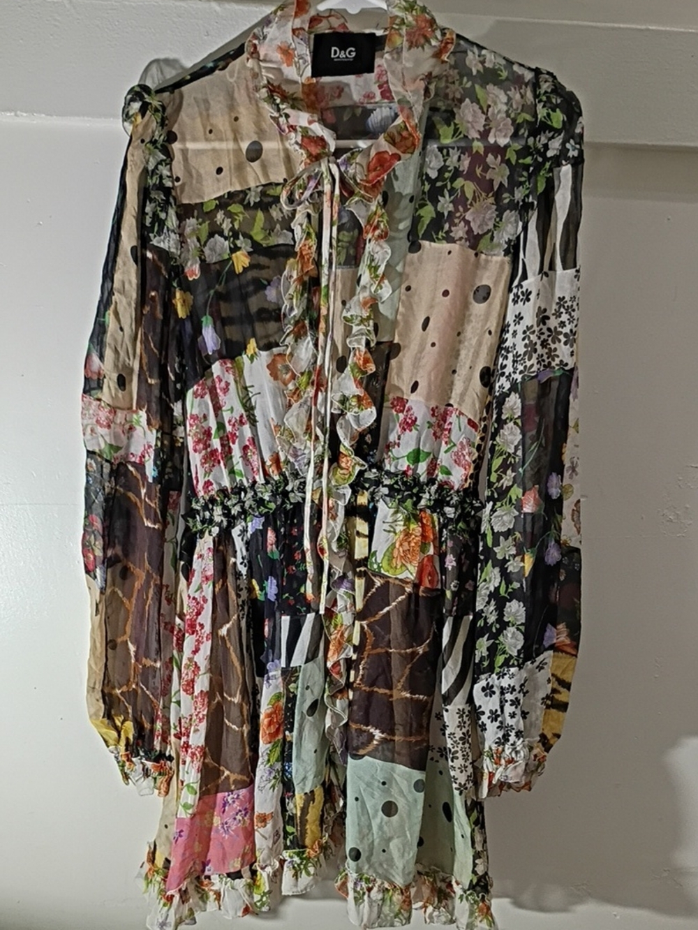 D&G Multi Floral Patchwork Ruffle Tie-Neck Dresses